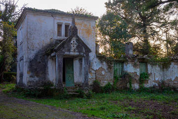 building in the forest or botanical garden of Mon Repo, Corfu, Greece