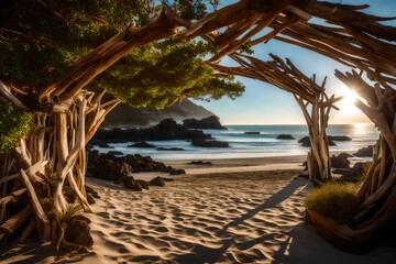 Capture the coastal enchantment with an image featuring an entryway framed by driftwood arches, creating a captivating and organic welcome - obrazy, fototapety, plakaty