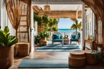 Evoke a sense of seaside charm with an image featuring an entryway adorned with woven rattan accents, embodying the warmth and hospitality of coastal living