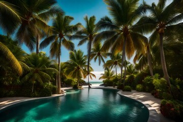 Fototapeta premium Craft an image of coastal grandeur, highlighting an entryway framed by towering palm trees, welcoming visitors with the allure of tropical paradise
