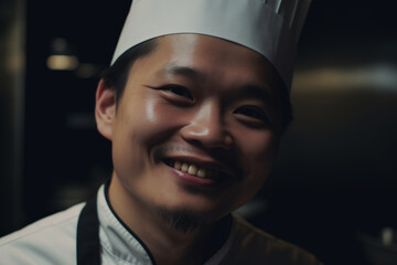 Korean chef in a white jacket in the kitchen of an exclusive restaurant. Asian food