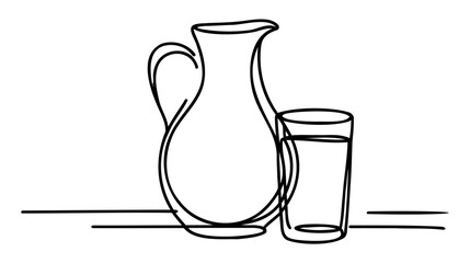 Drawing a continuous line. Jug and glass on white isolated background. Linear style