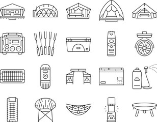 glamping tent nature luxury icons set vector. forest africa, barbecue glamour, camp, campfire bubble, chair beach, vacation glamping tent nature luxury black contour illustrations