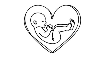 Baby in womb, heart, love one line drawing on white background