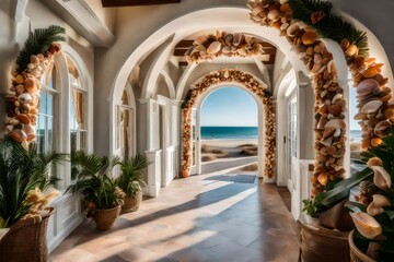 Evoke the charm of coastal sophistication with an image featuring an entryway adorned with seashell-adorned arches, exuding timeless coastal allure