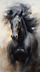 Majestic Black Horse Galloping in Field. Power and Grace of Wild Horse in Motion. Illustration in style of oil painting, rough brush strokes. Concept of freedom and beauty of wild animal, Vertical - obrazy, fototapety, plakaty