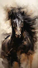 Obraz na płótnie Canvas Majestic Black Horse Galloping in Field. Power and Grace of Wild Horse in Motion. Illustration in style of oil painting, rough brush strokes. Concept of freedom and beauty of wild animal, Vertical