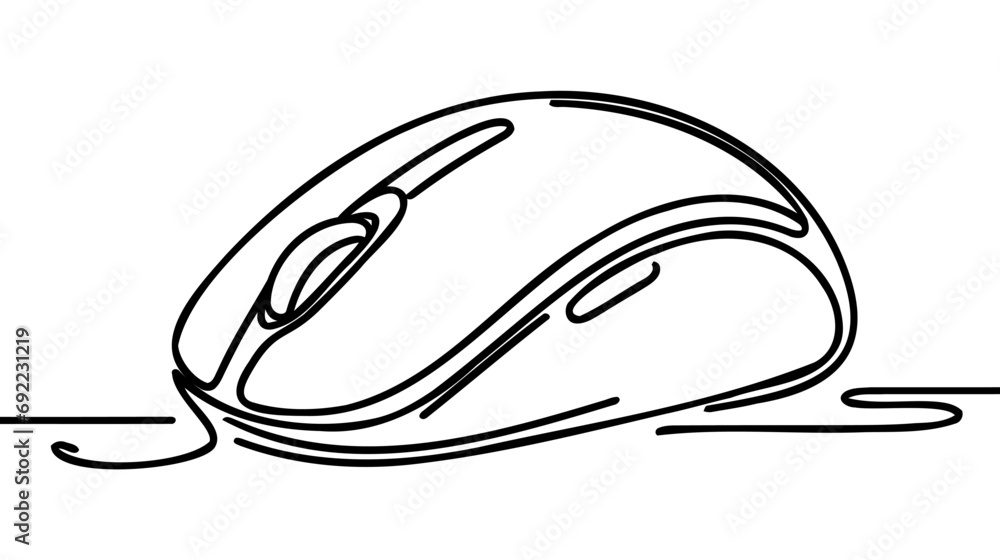 Poster drawing a continuous line. computer mouse on white isolated background. linear style