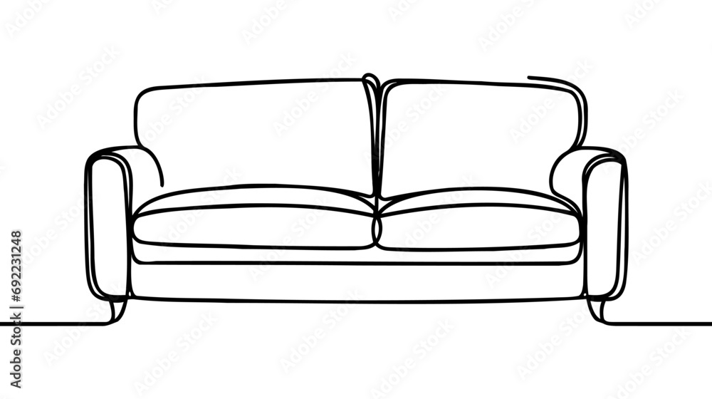 Poster sofa in one continuous line drawing. interior with couch in simple linear style. editable stroke. ve