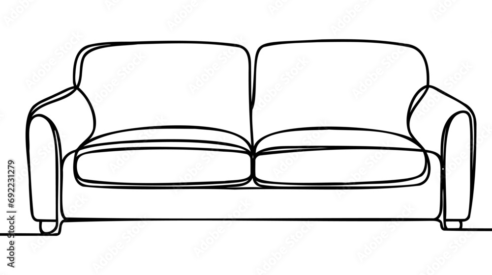Poster sofa in one continuous line drawing. interior with couch in simple linear style. editable stroke. ve