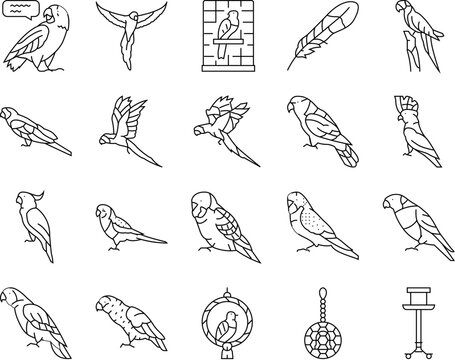 parrot bird blue animal tropical icons set vector. macaw blue, yellow wildlife, nature feather, red bright, wing wild, ara parrot bird blue animal tropical black contour illustrations