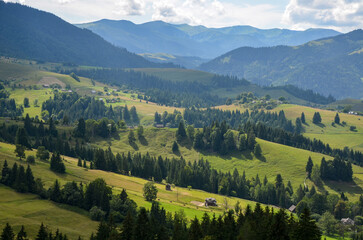 Summer countryside landscape with sunlit hilly pasture, village houses on the slopes and forest. Carpathian Mountains, Ukraine