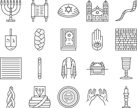 judaism jewish jew israel torah icons set vector. synagogue holocaust, hebrew israeli, kippur hanukkah, yom shofar, pray star candle judaism jewish jew israel torah black contour illustrations