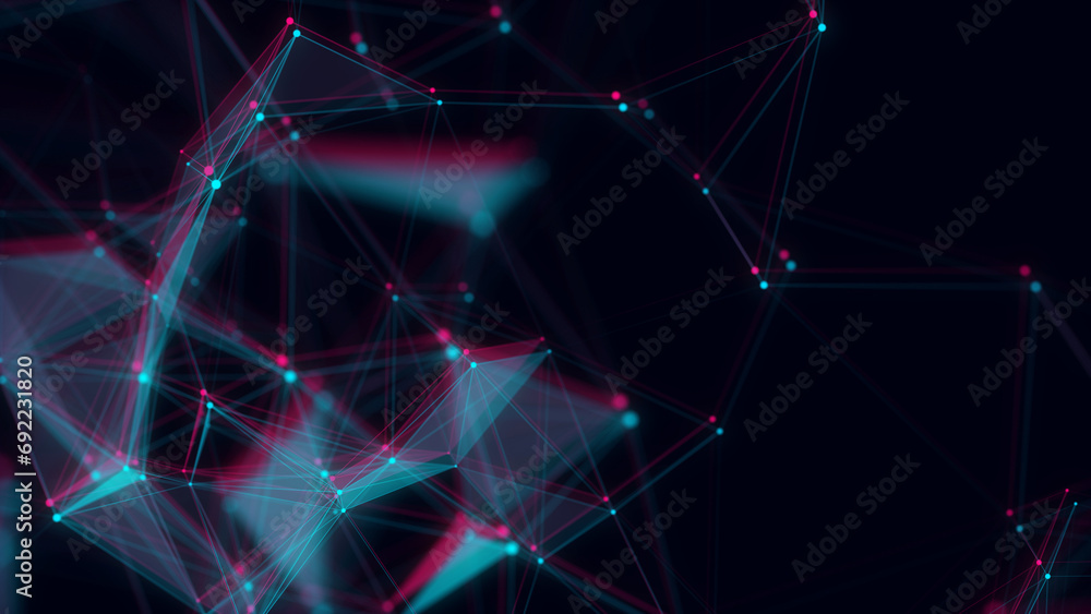 Poster blue glitch network connection structure. digital background with dots and lines. big data visualiza