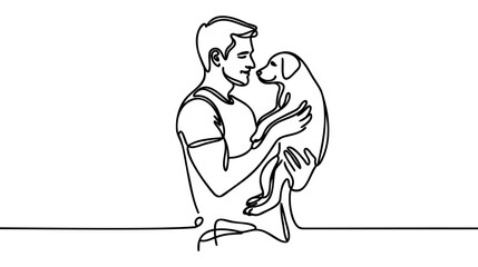 Man holds a dog in his hands or walks with him - one line art vector. concept dog owner, dog grooming