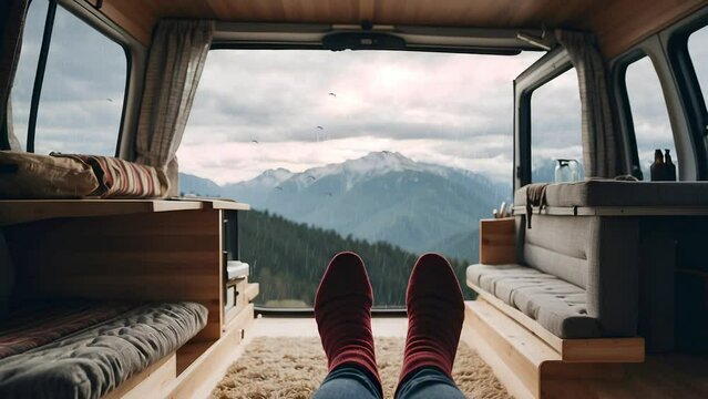Laying in van, stunning scenery, rain. Carefree van life. Freedom travelling relaxation. Hipster nomad soul, getaway. Comfortable cozy Interior of a camper with feet.