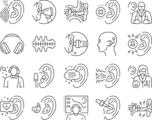 audiologist doctor ear deaf icons set vector. aid health, otolaryngologist test, adult woman, patient technology, hear audiologist doctor ear deaf black contour illustrations