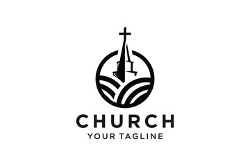 Creek and church logo design, Agriculture Church minimal Line Logo Design - obrazy, fototapety, plakaty