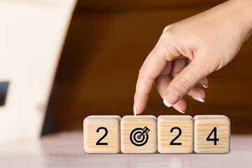 2024 goals concept. Wooden cubes with numbers 2024