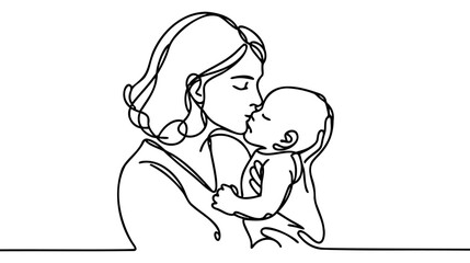 Continuous line drawing mother kisses baby. One line drawing of mother and her child