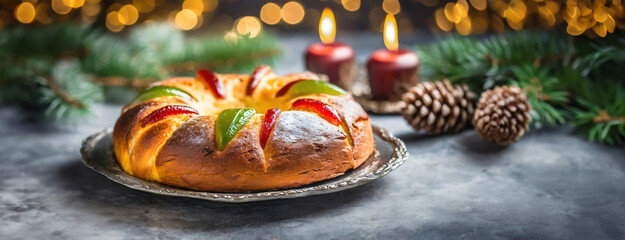A traditional Rosca de Reyes cake, adorned with candied fruits on a festive table. Lit candles and...