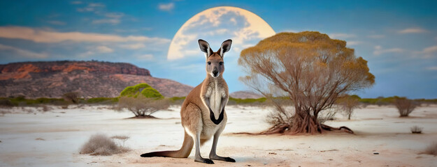 Australia Day commemorates the 1788 arrival of the First Fleet at Port Jackson in New South Wales. A kangaroo stands in the foreground of an expansive Australian outback under a large moon.