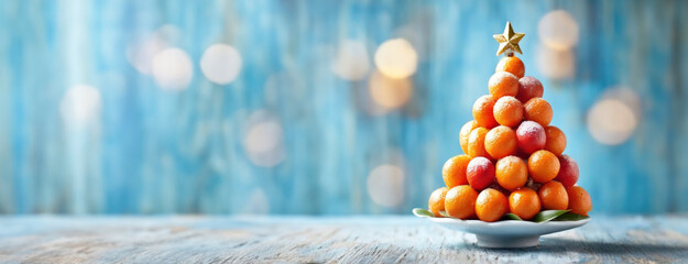 Christmas tree made of stacked tangerines, topped with a golden star. The festive fruit arrangement...