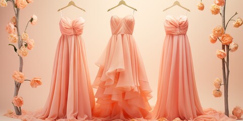 peach fuzz wedding dresses and bridesmaid dresses held by hangers surrounded by roses, monochrome