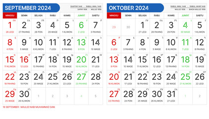 Simple calendar set for September - October 2024. Simple editable vertical vector calender - obrazy, fototapety, plakaty
