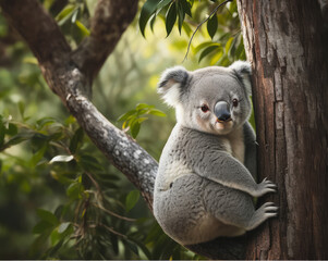 Fototapeta premium Cute Koala Bear on Eucalyptus Tree Branch in Australian Wildlife