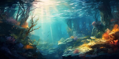Underwater Seascape Panorama in Oil Painting Style - For Background, Poster, Wall Art, Wallpaper  - 692233038