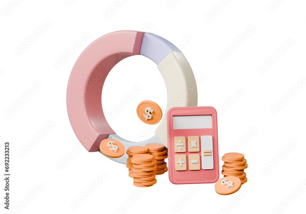 Poster 3d calculator device and stack coins icon, financial graph economics analytics. cost reduction savin