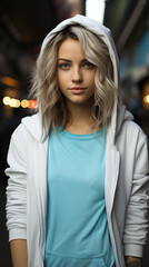 blonde teenage girl; mockup of blank teal t-shirt and white hoodie; skateboarding in an urban street. trendy sporty lifestyle. portrait of a young hipster model with brown hair on a town background. 