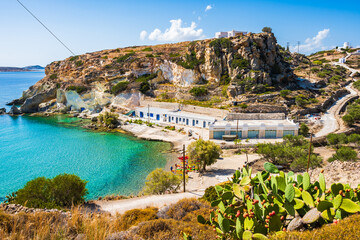 View of Rema beach in beautiful sea bay, Kimolos island, Cyclades, Greece - obrazy, fototapety, plakaty