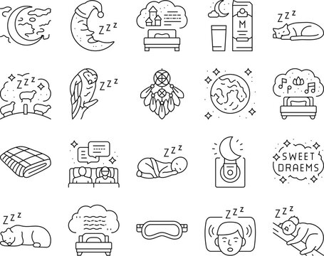 sleep bed pillow dream night icons set vector. healthy relax, bedroom rest, young person, room lifestyle, happy, home female, lying sleep bed pillow dream night black contour illustrations