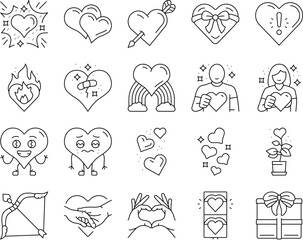 heart love romantic icons set vector. shape, valentine decoration, day wedding romance, red heart love romantic black contour illustrations