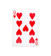 Nine of hearts playing card on a transparent background 