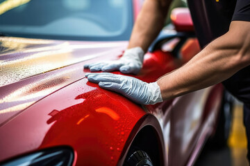 Automobile man hand cleaning service detailing auto care garage car vehicle polish transportation maintenance - obrazy, fototapety, plakaty