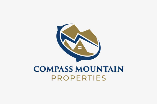 Home location on mountain with compass direction logo designs