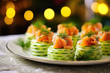 Small appetizer of salmon and cucumber at Christmas dinner on plate on holiday table. Concept of winter holiday, Happy New Year 2024, snacks, seafood, catering service, restaurant, cafe. Generative AI - obrazy, fototapety, plakaty