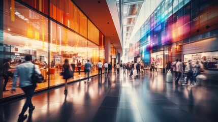 Busy Shopping Mall with Colorful Glass Facade - obrazy, fototapety, plakaty