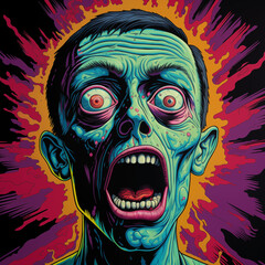 A colorful cartoon character man terrified with big eyes