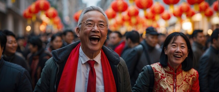 Group of people participating in Chinese New Year festivities. Red lanterns and festive decorations fill the air, creating a vibrant and joyful atmosphere.