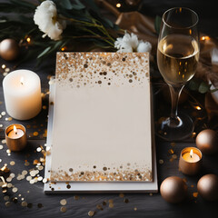 Naklejka na ściany i meble greeting card with champagne glasses and candles, new years invitation idea, gold accents