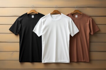 Mockup Three Men's T-Shirts Hanging on a Wall Generative AI