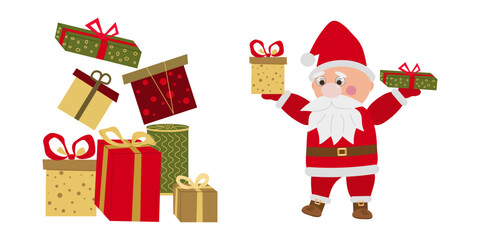 Santa Claus template a festive banner, flyer. Santa Claus is putting presents. Vector illustration.