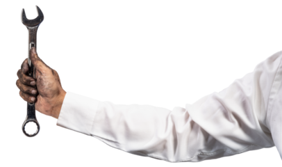 Hand holding adjustable wrench isolated on white background, Repair, Maintenance Concept. png file.