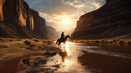 Cowboy on a horse crossing a river in a canyon
