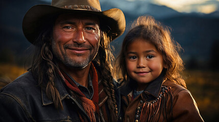 Portrait of a Native American Indian farmer and daughter - obrazy, fototapety, plakaty