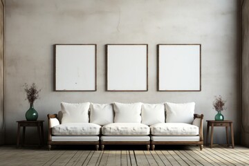 Living Room with White Couch and Blank Mockup Wall Art Generative AI
